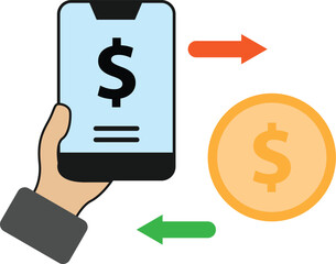 A hand holds a smartphone displaying a dollar sign, with arrows indicating money transfer to and from a coin.