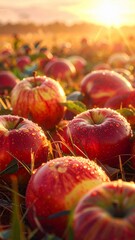 Sunset Harvest Red Apples in Rustic Tray, Autumnal Field, Generated image