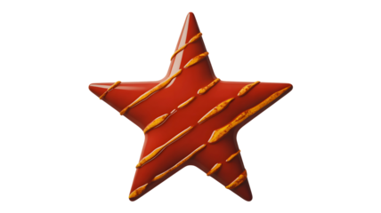 A single red star shaped cookie with yellow icing stripes isolated on transparent background