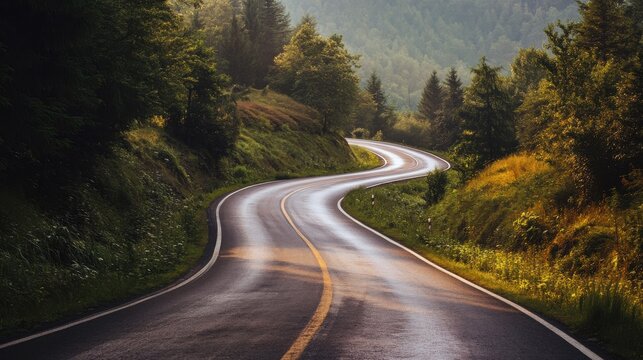 Winding mountain road, lush forest, morning sunlight reflections. - Powered by Adobe