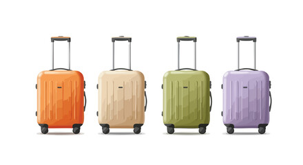 Four colorful suitcases with handles and wheels lined up.