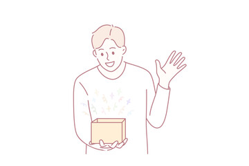 Feeling surprised and amazed concept. Young smiling boy man cartoon character standing looking at box with colorful surprise feeling amazed vector illustration