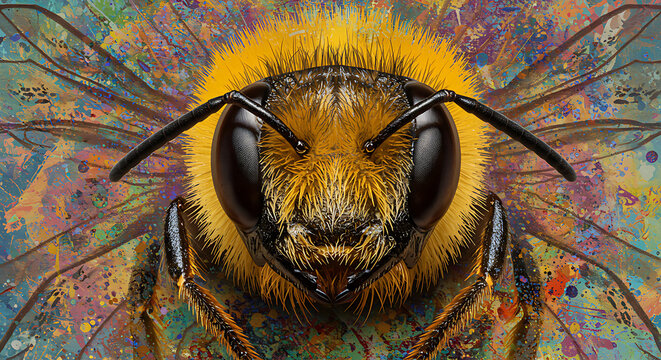 Extreme close-up of a fuzzy bumblebee's head with large compound eyes and antennae, set against a vibrant, abstract, paint-splattered background on its wings.