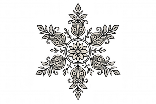 Intricate floral snowflake mandala pattern. Decorative lace ornament. Delicate abstract winter crystal