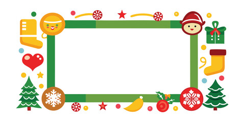 Colorful festive frame design featuring Christmas elements like trees, stockings, snowflakes, and gifts for holiday celebrations