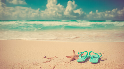 Summer beach scene with starfish and turquoise sandals on golden sand, evoking coastal relaxation.