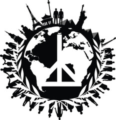 Global peace and unity symbolized by world landmarks and diverse people
