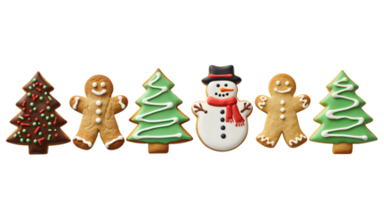 Row of festive christmas cookies including gingerbread men decorated trees and a snowman isolated on transparent background