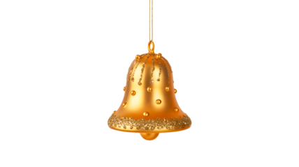 A single ornate golden christmas bell ornament with decorative patterns hanging from a thin string isolated on transparent background