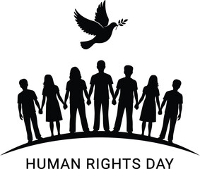 United diverse people hold hands, peace dove flies above