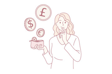 Various currency and money concept. Young smiling woman cartoon character standing holding red purse with flying different coins vector illustration
