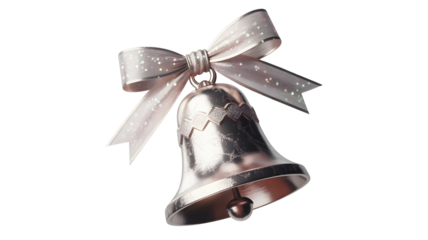 A shiny silver christmas bell adorned with a sparkling white ribbon bow isolated on transparent background