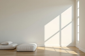 Fototapeta premium Sunlit white minimalist room soft natural light clean modern aesthetic calm interior