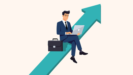 A businessman in a suit sits on a rising arrow, working on his laptop with a briefcase beside him. This image represents growth, success, and career advancement.