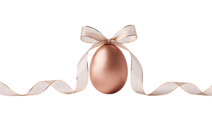 Elegant rose gold easter egg with a delicate ribbon bow and flowing ribbon isolated on transparent background