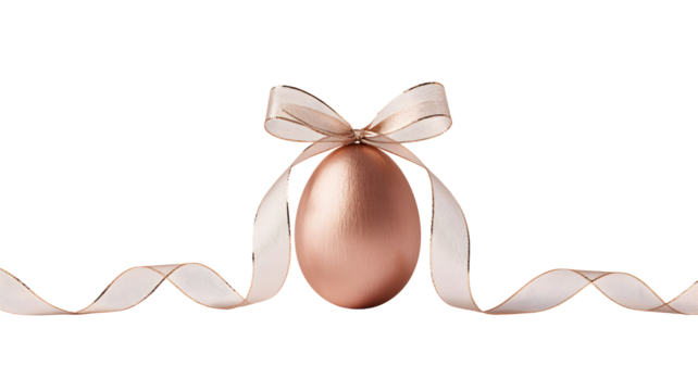 Elegant rose gold easter egg with a delicate ribbon bow and flowing ribbon isolated on transparent background