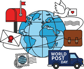 World Post Day concept with globe, mail truck, and dove delivery