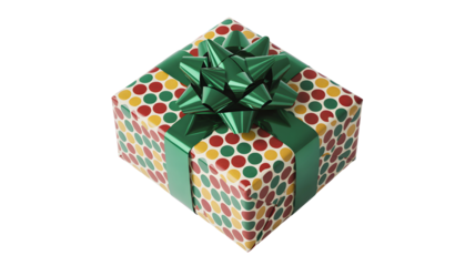 A festive square gift box adorned with colorful polka dot wrapping paper and a vibrant green ribbon bow isolated on transparent background
