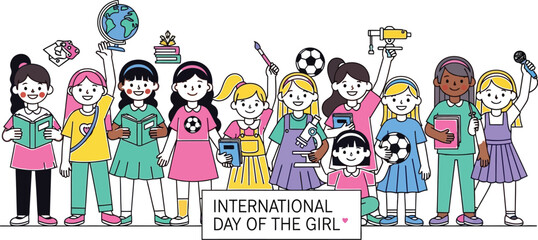 Diverse girls celebrating International Day of the Girl with books and dreams