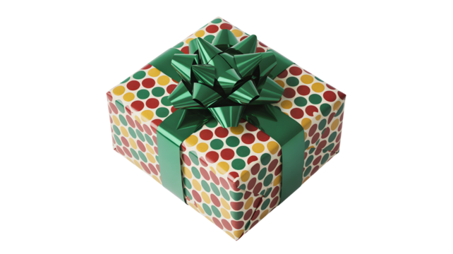 A festive square gift box adorned with colorful polka dot wrapping paper and a vibrant green ribbon bow isolated on transparent background