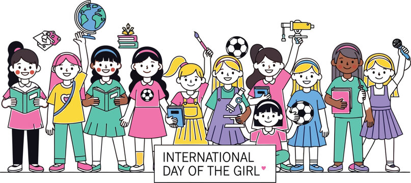 Diverse girls celebrating International Day of the Girl with books and dreams