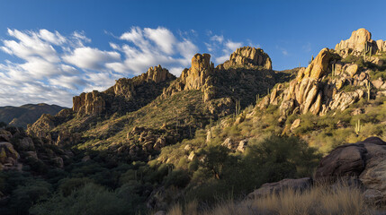 Fototapeta premium plateau. Dramatic desert canyon with striking rock formations under a warm sunset sky. inspiring travel planning, travel magazines, designed for outdoor magazines and nature guides. 