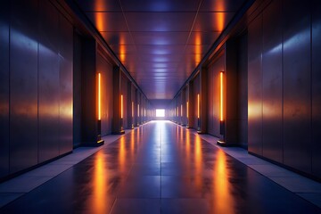 Futuristic Neon Corridor With Orange Vertical Lights Leading Toward a Bright Vanishing Point

