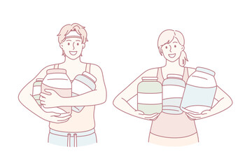 Dietary supplement and sport concept. Young smiling couple in sportswear standing holding jars with vitamins an dietary supplements vector illustration