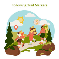 Hikers Following Trail Markers Vector Illustration