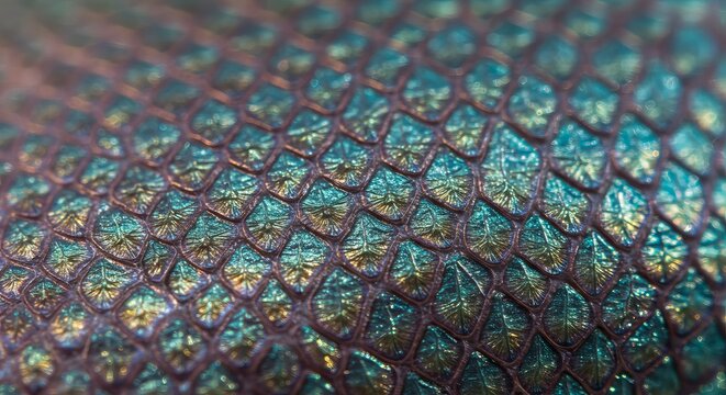 Iridescent scales shimmer in teal and gold, creating a stunning textural pattern