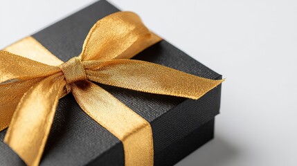 Black Gift Box Golden Ribbon Bow Close - up, Exquisite Gift Decoration