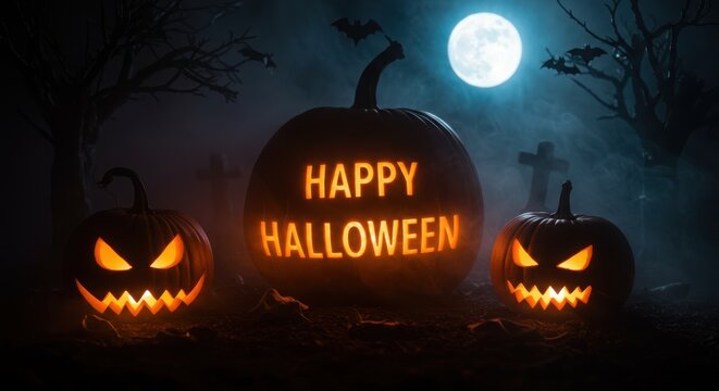 A glowing "Happy Halloween" message carved into a large jack-o'-lantern, flanked by two smaller pumpkins amidst spooky fog.
