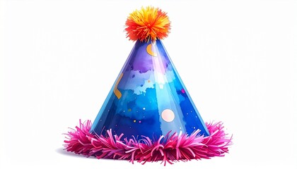 Render a cone-shaped blue party hat with celestial design featuring stars, clouds, and a unicorn, adorned with fluffy trim and a large pom-pom, isolated on a clean background to emphasize festive whim