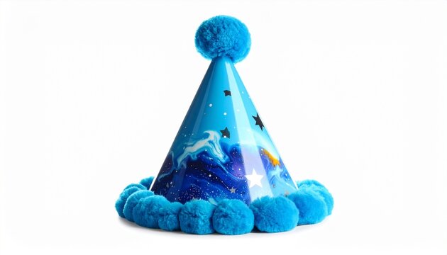 Render a cone-shaped blue party hat with celestial design featuring stars, clouds, and a unicorn, adorned with fluffy trim and a large pom-pom, isolated on a clean background to emphasize festive whim