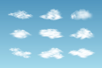 Realistic Cloud Illustration Set &ndash; White Fluffy Clouds in Blue Sky
