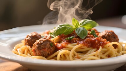 Fototapeta premium Homemade Spaghetti and Meatballs Pasta with Basil and Marinara