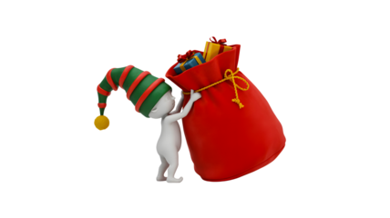 A small white character wearing a striped elf hat struggles to lift a large red gift bag full of presents isolated on transparent background