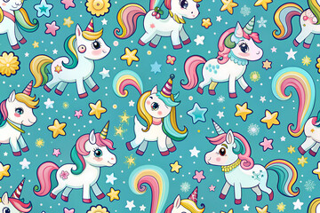 Cute Unicorns. Rainbow. Stars. Whimsical Pattern
