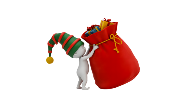 A small white character wearing a striped elf hat struggles to lift a large red gift bag full of presents isolated on transparent background