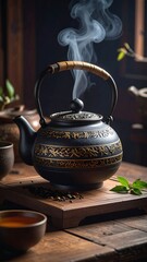 Steaming tea kettle on wooden tray