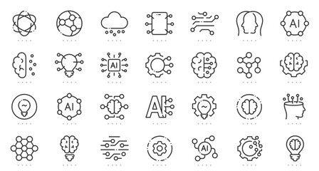 Obraz na płótnie Canvas Artificial intelligence icons with brain, neural network, chip, cloud computing, machine learning, innovation, automation, and digital technology symbols