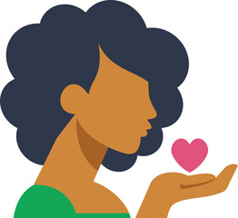 Side view portrait of a young woman holding a pink heart in her hand, symbolizing love, care, and affection