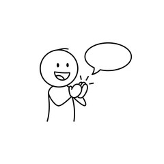 Cartoon vector stickman pointing and smiling with a bubble beside