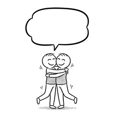 Fototapeta premium Cartoon doodle of two stickman characters hugging with bubble above