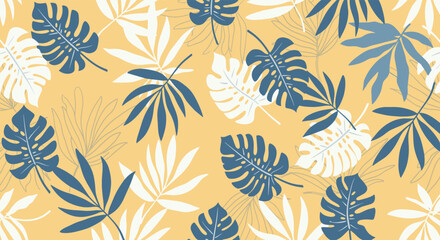Fototapeta premium A visually appealing pattern featuring tropical leaves in shades of blue white and yellow.