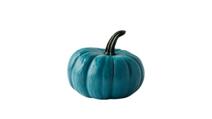 A single teal colored pumpkin with a dark stem isolated on a transparent background for autumn and halloween decoration isolated on transparent background
