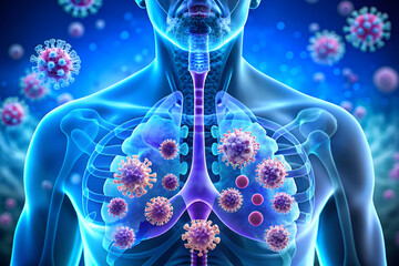 Microscopic View of Virus Infecting Human Lungs. A Medical Illustration