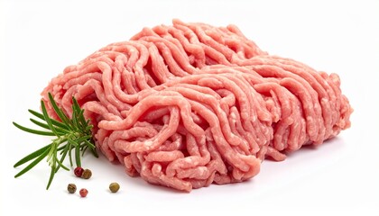 Render a pile of raw ground meat with pinkish hue and coarse texture, placed on a clean white surface beside a sprig of fresh green basil, emphasizing culinary freshness and ingredient contrast.
