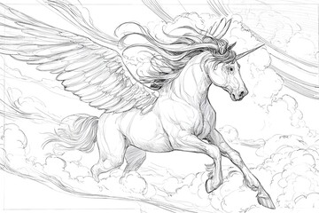 Detailed ink drawing of a unicorn lying gracefully in tall grass, with clouds and sky as background in vintage style.
