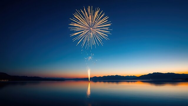 Golden fireworks bursting against a twilight sky, reflecting on a tranquil lake during National Day festivities.